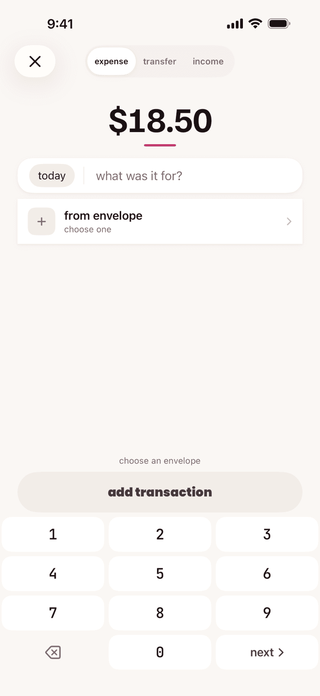 adding an expense: the amount, what it was for, and the envelope it comes from