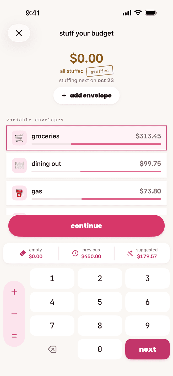 stuffing: the keypad with the envelope's last amount and a suggested amount